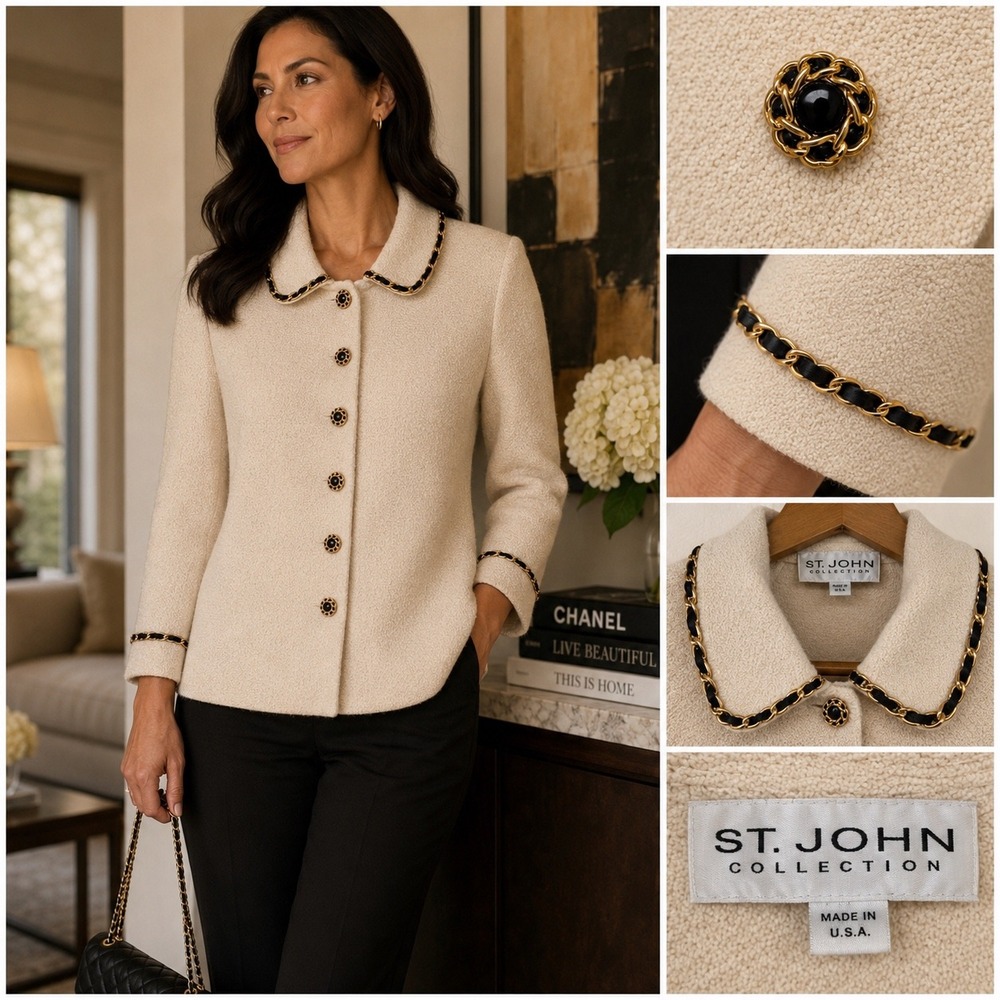 St. John Collection Cream Knit Jacket Gold Chain Trim Button Blazer Size 12 USA